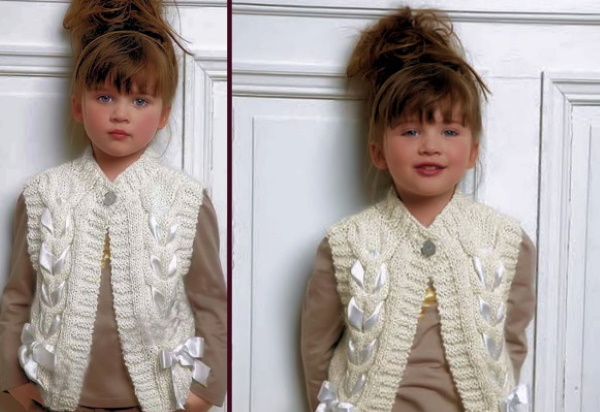 Ärmellose Jacke für Mädchen, mit Nadeln gestrickt, 1-2-3-5 Jahre alt. Schemata und Beschreibung für Anfänger, Meisterklasse