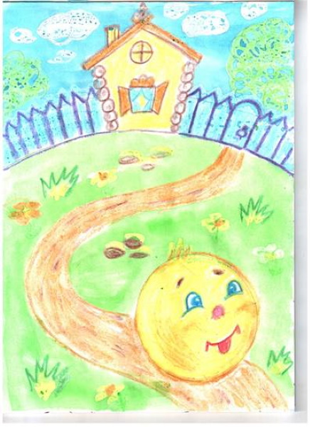 Kolobok-Zeichnung für Kinder mit Bleistift, Farben schwarz und weiß, Farbe, Färbung