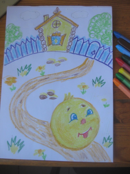 Kolobok-Zeichnung für Kinder mit Bleistift, Farben schwarz und weiß, Farbe, Färbung