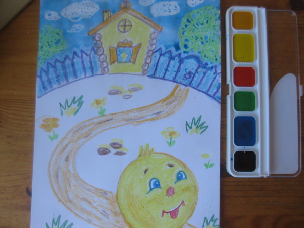 Kolobok-Zeichnung für Kinder mit Bleistift, Farben schwarz und weiß, Farbe, Färbung