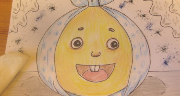 Kolobok-Zeichnung für Kinder mit Bleistift, Farben schwarz und weiß, Farbe, Färbung