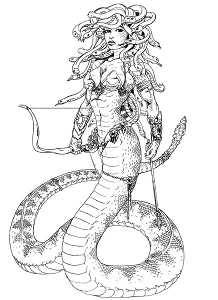 Disegno di Medusa Gorgone per bambini con matita facile a figura intera, viso da copiare