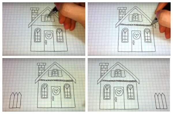 Zeichnung eines Hauses für Kinder mit Bleistift im Dorf, Perspektive, schwarz-weiß, Farbe mit Zimmern, Garten