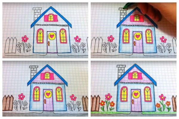 Zeichnung eines Hauses für Kinder mit Bleistift im Dorf, Perspektive, schwarz-weiß, Farbe mit Zimmern, Garten