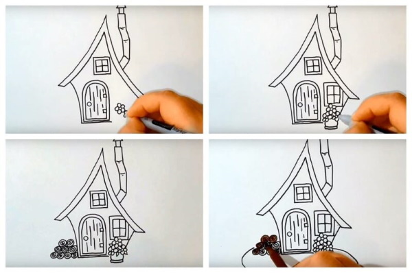 Zeichnung eines Hauses für Kinder mit Bleistift im Dorf, Perspektive, schwarz-weiß, Farbe mit Zimmern, Garten