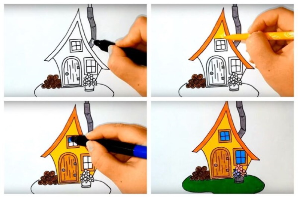 Zeichnung eines Hauses für Kinder mit Bleistift im Dorf, Perspektive, schwarz-weiß, Farbe mit Zimmern, Garten