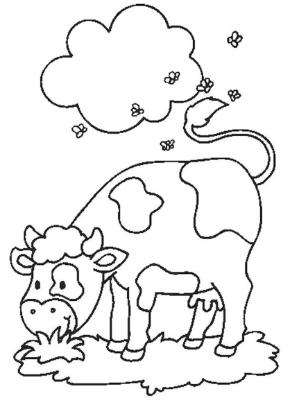 Zeichnung einer Kuh für Kinder mit einem Bleistift, Farben zum Ausmalen, Kopieren, lustig