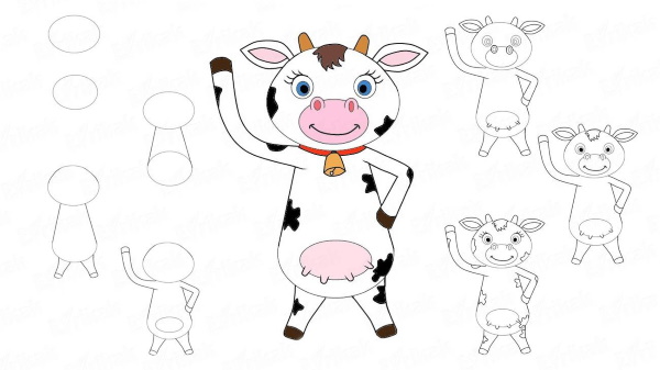 Zeichnung einer Kuh für Kinder mit einem Bleistift, Farben zum Ausmalen, Kopieren, lustig