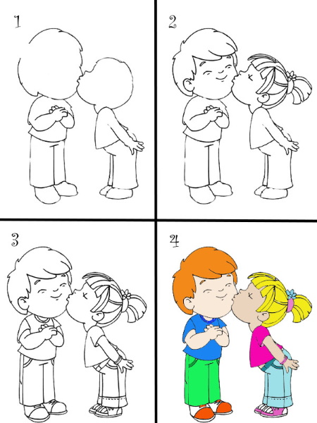 Bleistiftzeichnung eines Jungen und eines Mädchens, die Händchen halten, küssen und umarmen