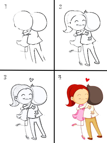 Bleistiftzeichnung eines Jungen und eines Mädchens, die Händchen halten, küssen und umarmen
