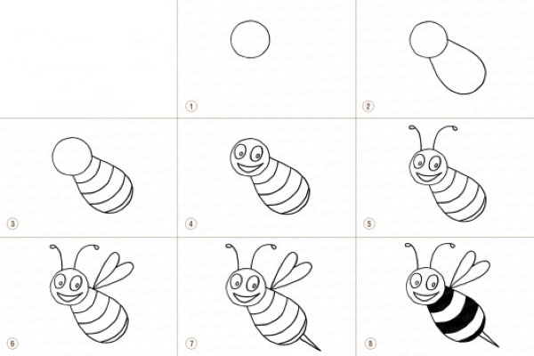 Zeichnung einer Biene für Kinder mit einem Bleistift zum Kopieren, Ausmalen, Schablonen