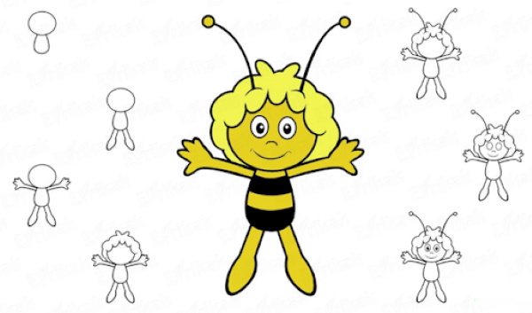Zeichnung einer Biene für Kinder mit einem Bleistift zum Kopieren, Ausmalen, Schablonen