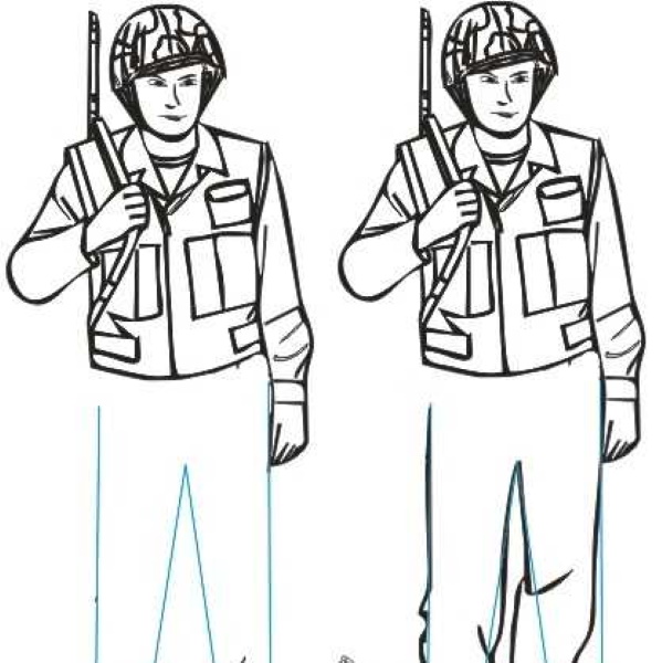 Zeichnen eines Soldaten mit Bleistift für Kinder Anfänger Schritt für Schritt einfach in voller Länge, Profil, mit einer Pistole, Maschinengewehr