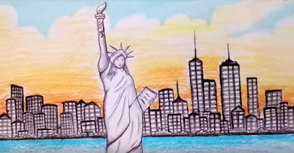Zeichnung der Freiheitsstatue in den USA mit Bleistift für Kinder zum Nachzeichnen, Anfänger