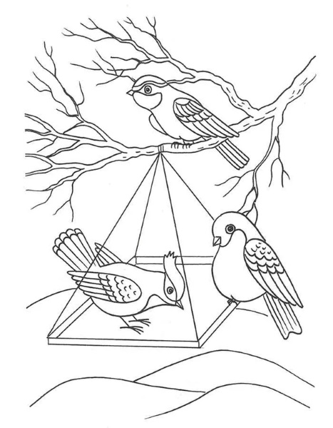 Spatzenzeichnung für Kinder mit Bleistift, Färbung auf einem Ast, Baum mit einem Vogelhäuschen, Brot, Blume