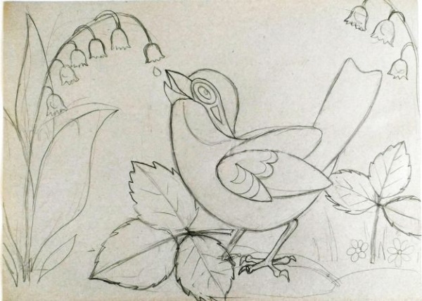Spatzenzeichnung für Kinder mit Bleistift, Färbung auf einem Ast, Baum mit einem Vogelhäuschen, Brot, Blume