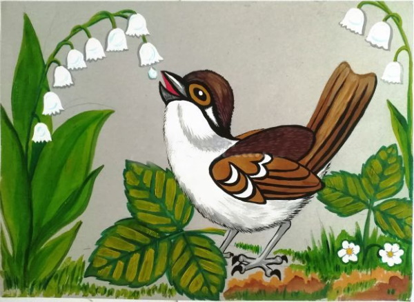 Spatzenzeichnung für Kinder mit Bleistift, Färbung auf einem Ast, Baum mit einem Vogelhäuschen, Brot, Blume
