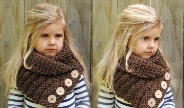 Mit Nadeln gestrickter Snood für Mädchen von 8–10 Jahren in ein oder zwei Runden. Schemata, Abmessungen, Beschreibung