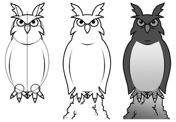 Eule. Bleistiftzeichnungen für Kinder zum Nachmachen mit einem Buch, Flügel an einem Ast, Baum, Stein