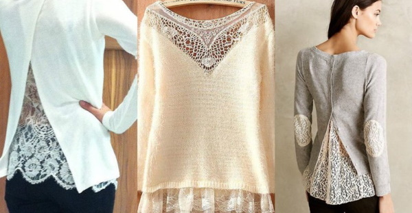 Strickpullover für Damen. Muster mit Spitze, kurze, lange Ärmel, Guipure, Lurex, Knöpfe