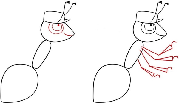Ameisenzeichnung für Kinder in Bleistift schwarz und weiß, Farbe einfach, Cartoon, Märchen