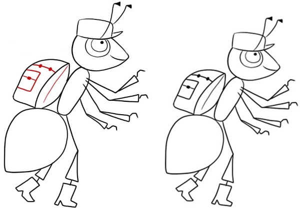 Ameisenzeichnung für Kinder in Bleistift schwarz und weiß, Farbe einfach, Cartoon, Märchen