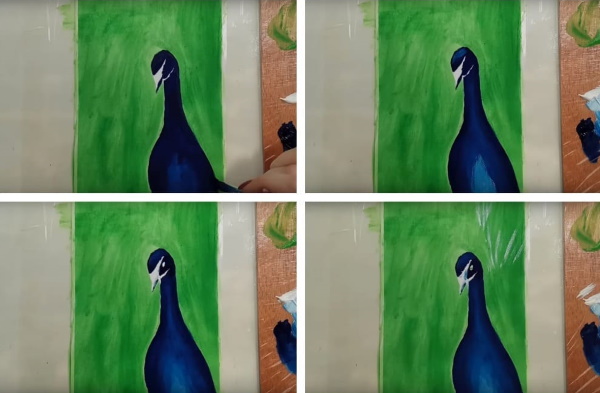 Zeichnen eines Pfaus für Kinder Schritt für Schritt mit Farben, Bleistift, Wasserfarben