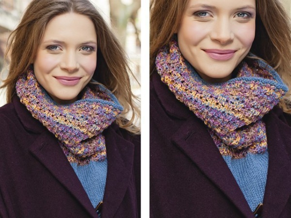 Mit dickem Garn in ein oder zwei Stricknadelumdrehungen gestrickter Snood. Schemata, Beschreibung