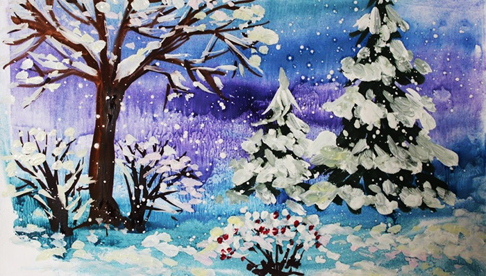 Winter mit Gouache Schritt für Schritt mit Kindern zeichnen für Anfänger. Video-Anleitung