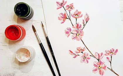 Zeichnung eines Sakura-Zweiges mit Bleistift, Farben, Gouache, Aquarellen für Kinder