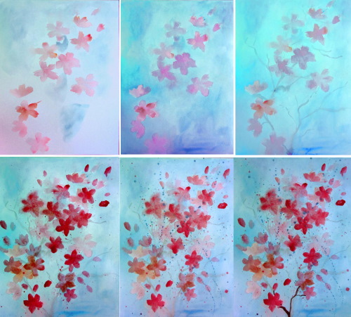 Zeichnung eines Sakura-Zweiges mit Bleistift, Farben, Gouache, Aquarellen für Kinder