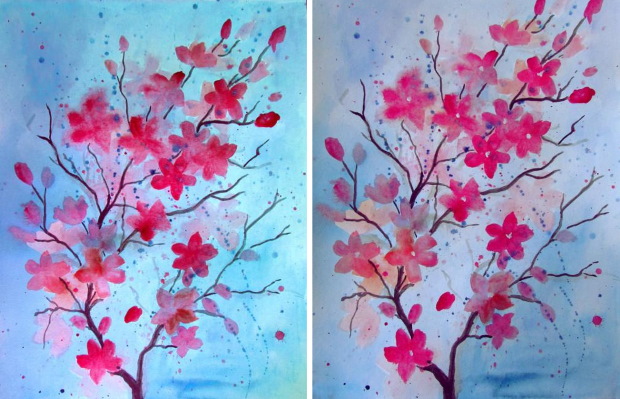 Zeichnung eines Sakura-Zweiges mit Bleistift, Farben, Gouache, Aquarellen für Kinder