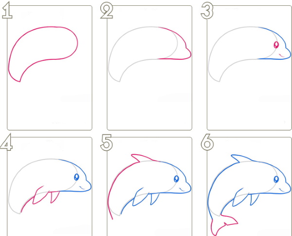 Disegno del delfino per bambini: semplice passo dopo passo, facile da copiare