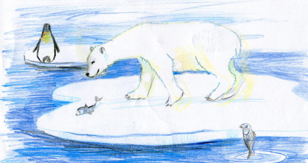 Eisbärzeichnung für Kinder mit Bleistift, Gouache, Farben