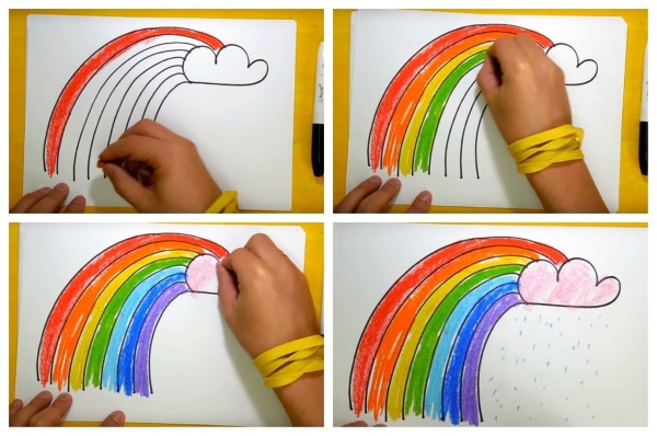 Regenbogenzeichnung für Kinder mit Aquarell, Bleistift, Gouache, Malvorlagen