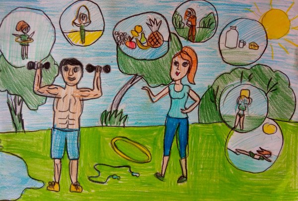 Zeichnen zum Thema gesunde Lebensführung 1-7 Klasse, für den Kindergarten mit Bleistift, Farben