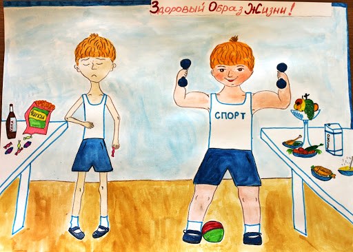 Zeichnen zum Thema gesunde Lebensführung 1-7 Klasse, für den Kindergarten mit Bleistift, Farben