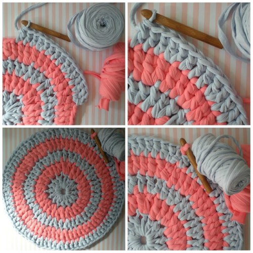 Stricken von Teppichen (Teppichen) mit einer Häkelnadel aus Lumpen, alten Sachen