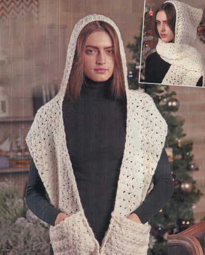 Gehäkelte Schal-Kapuze. Strickmuster und Beschreibungen, Fotos
