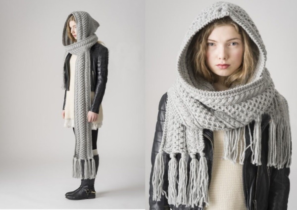 Gehäkelte Schal-Kapuze. Strickmuster und Beschreibungen, Fotos
