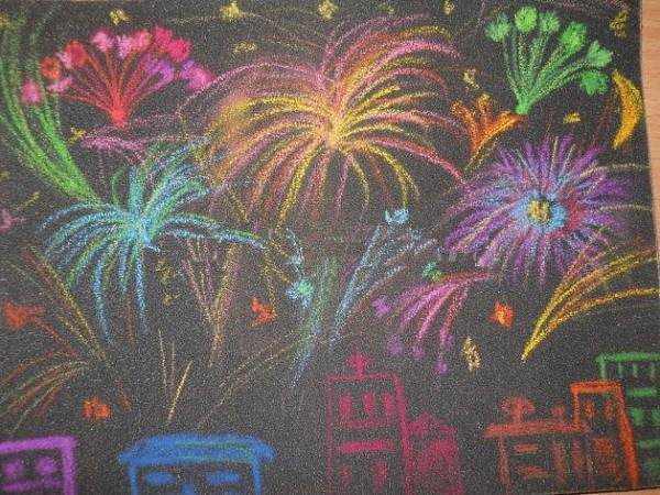 Feuerwerkszeichnung für Kinder am 9. Mai mit Bleistift, Farben