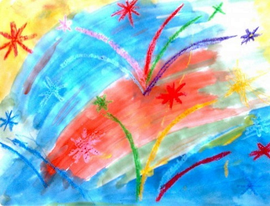 Feuerwerkszeichnung für Kinder am 9. Mai mit Bleistift, Farben