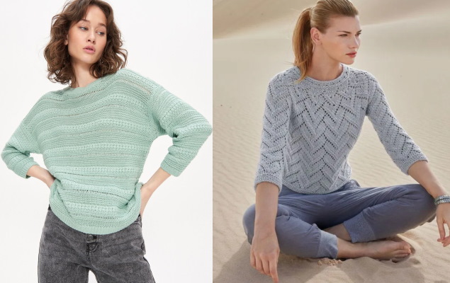 Durchbrochener Pullover, mit Nadeln gestrickt. Muster und Beschreibungen sind einfach und schön aus dünnem Garn, Mohair, Acryl