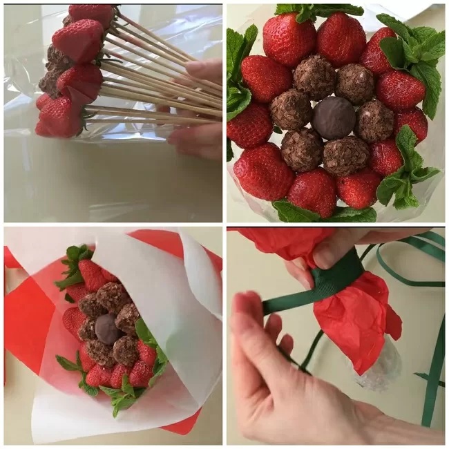 So verpacken Sie einen Obststrauß schön in Papier, Kraftpapier. Foto