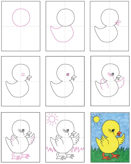 Hühnerzeichnung für Kinder mit Bleistift, Farben