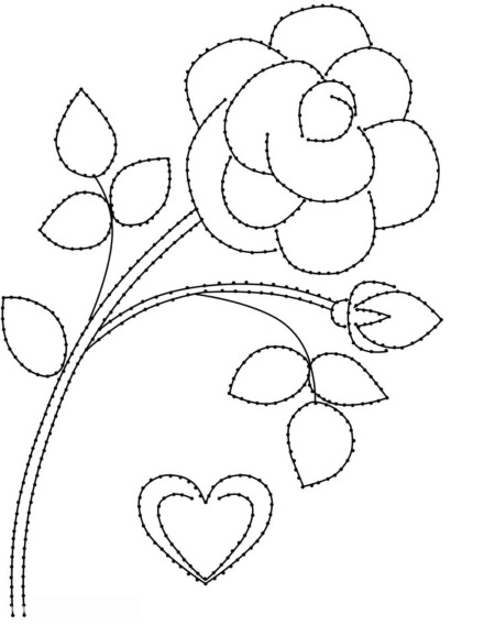 Stickerei auf Karton mit Fäden. Muster für Kinder: Zahlen, Blumen, Kreis, Herz, Netz