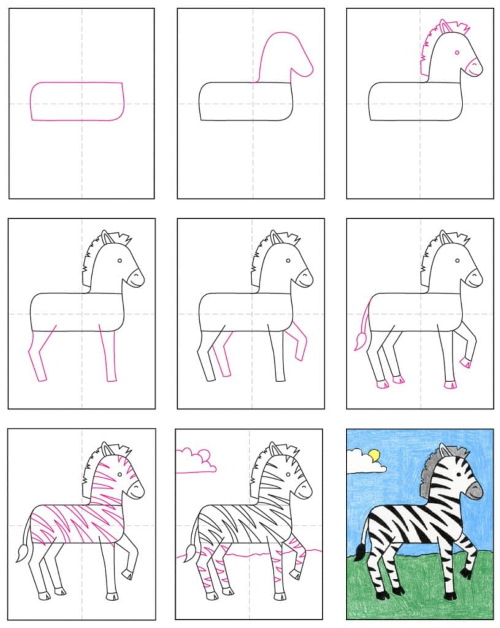 Zebra-Bleistiftzeichnung für Kinder. Wie man Schritt für Schritt zeichnet