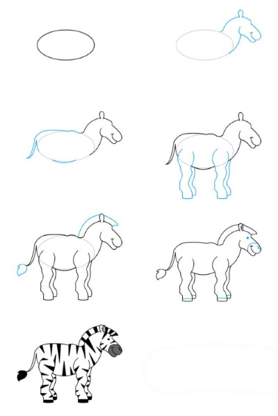 Zebra-Bleistiftzeichnung für Kinder. Wie man Schritt für Schritt zeichnet