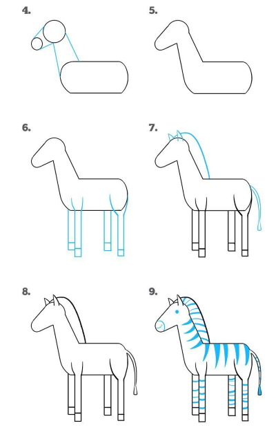 Zebra-Bleistiftzeichnung für Kinder. Wie man Schritt für Schritt zeichnet
