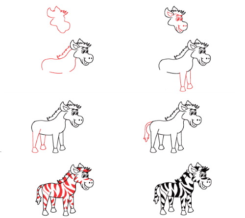 Zebra-Bleistiftzeichnung für Kinder. Wie man Schritt für Schritt zeichnet